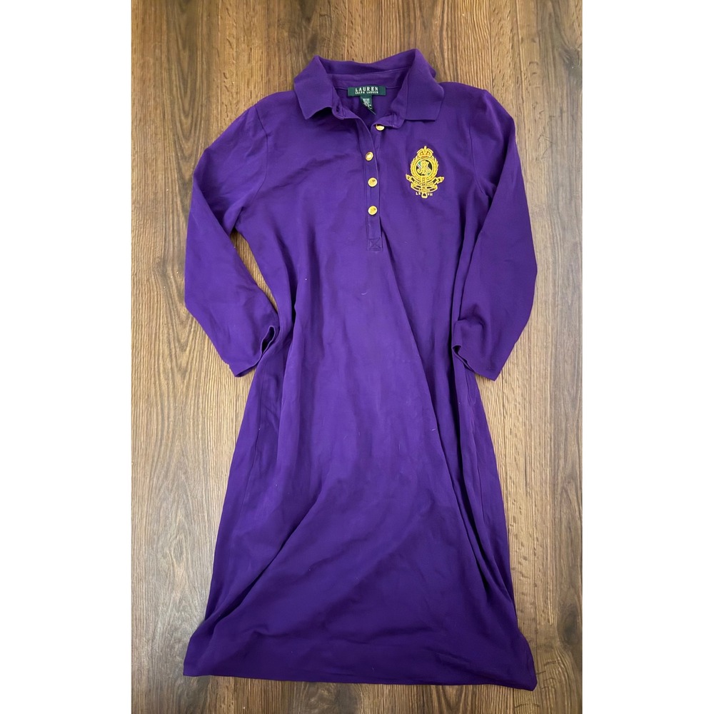 Lauren Ralph Lauren Polo Dress Womens M Purple Gold Crest Embroidered